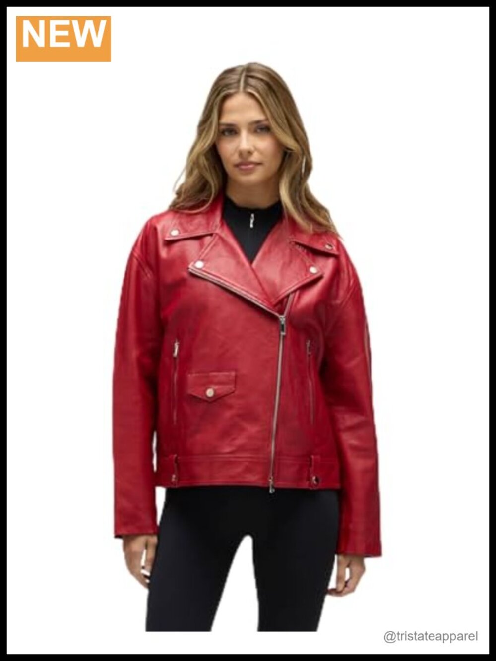 Women's Leather Biker Jacket with Zipper Front and Notch Lapel